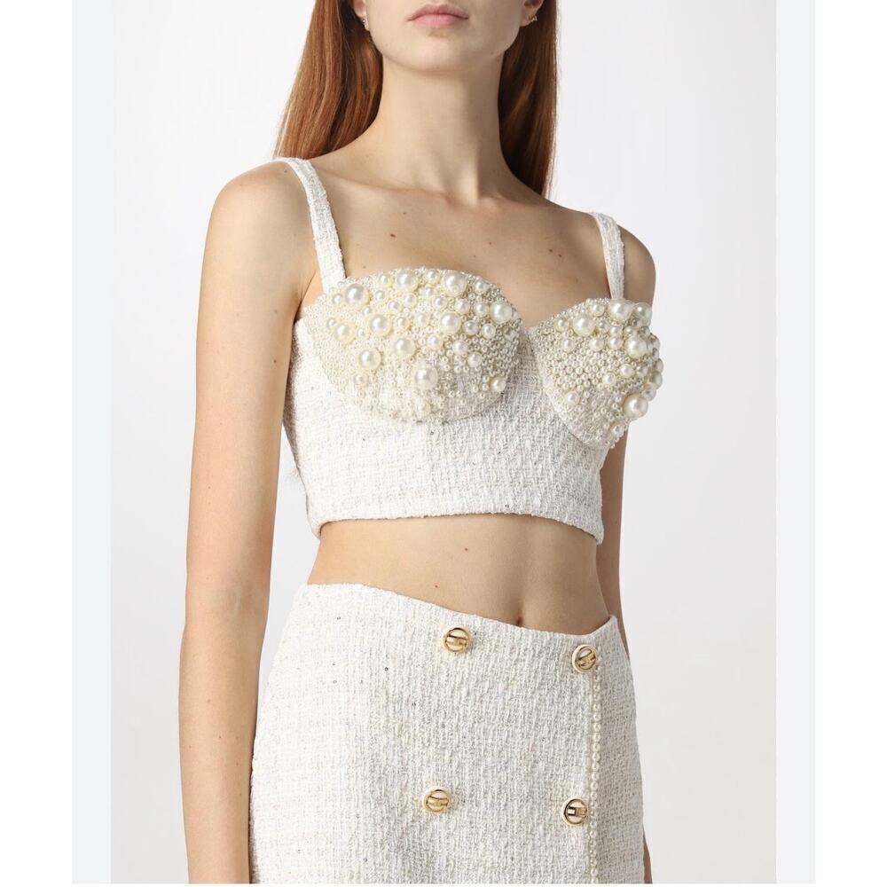 Elisabetta Franchi Tweed Pearl Embellished Sleeveless Crop Bustier Top Ivory S